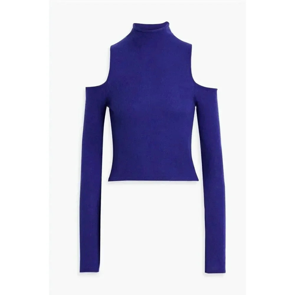 LAPOINTE Airy Cashmere Silk Fitted Cut Out Top In IndigoLarge Cold Should… - Picture 9 of 16